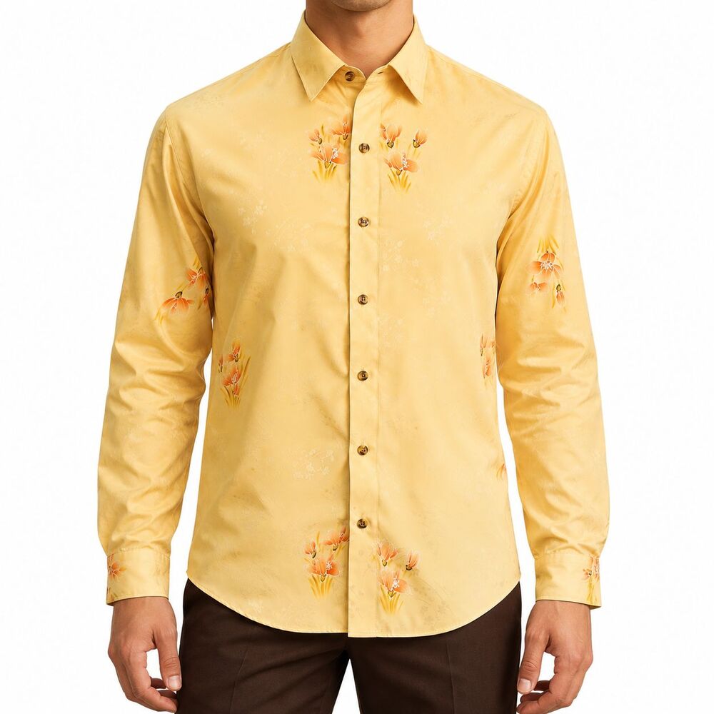 Mens Large Yellow Floral Silky Long Sleeve Button Up Dress Shirt Luxury NWT